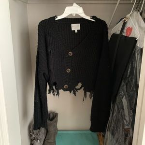 Hayden Black Distressed V-Neck Cropped Sweater